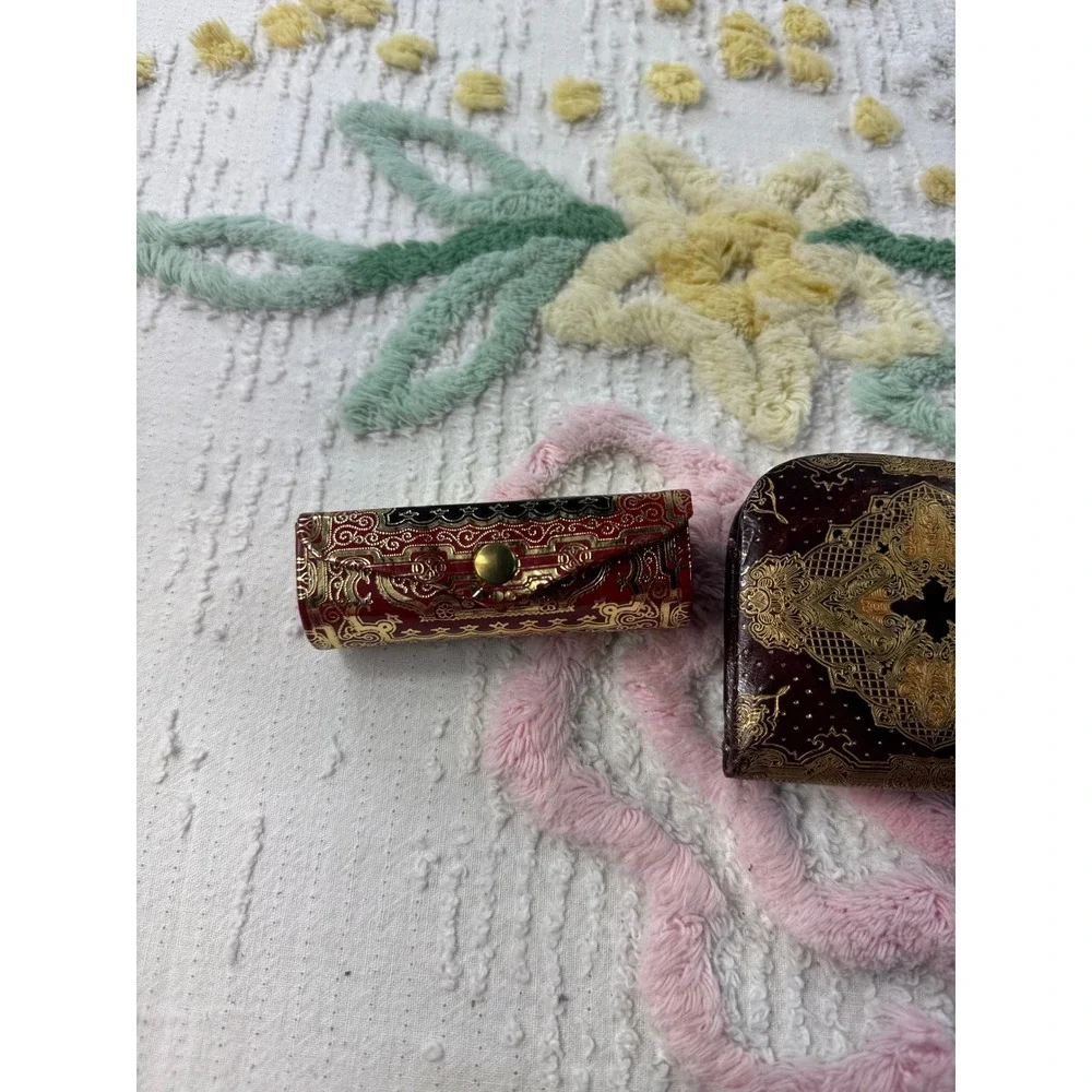 Vintage Italian Coin Purse Lipstick Holder Set‎ Ornate Gold Red